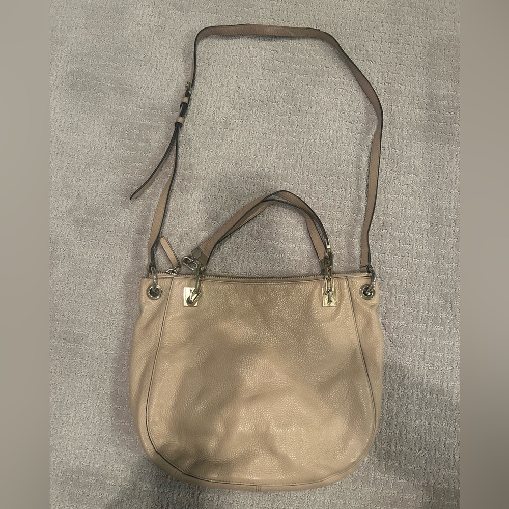 henri bendel Beige Pebbled Leather Shoulder Bag with Adjustable Strap